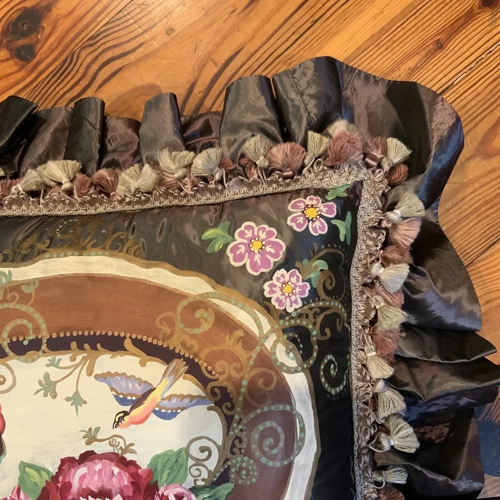 Ornate Throw Pillow Hand Painted Birds Flowers Roses Purple Tafeta Tassle Trim